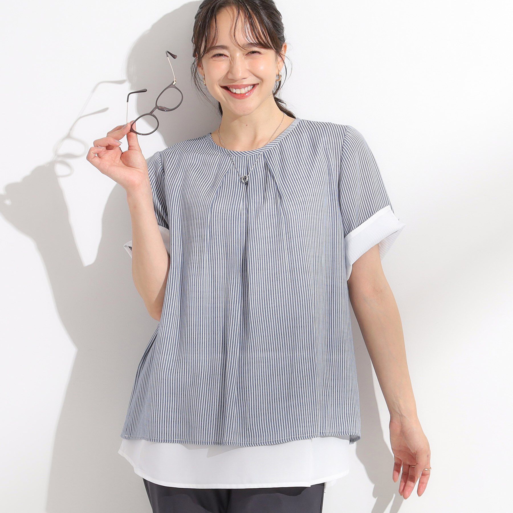 SHOO･LA･RUE「【洗える/S-LL】着るだけでコーデが決まる 裾レイヤードトップス」|Tシャツ・カットソー|ネイビー(394)