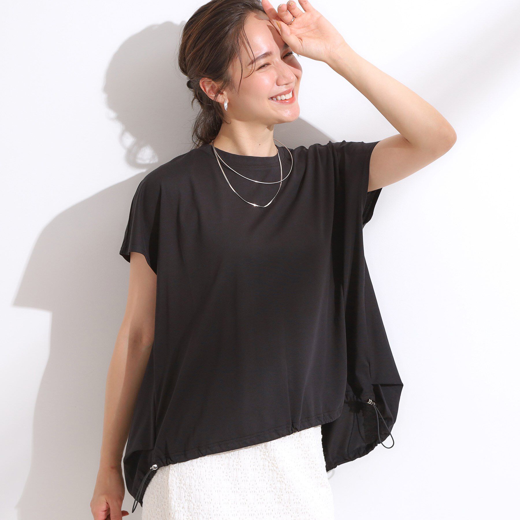 SHOO･LA･RUE「【ひんやり】裾が絞れる フレンチスリーブトップス」|Tシャツ・カットソー|ブラック(019)