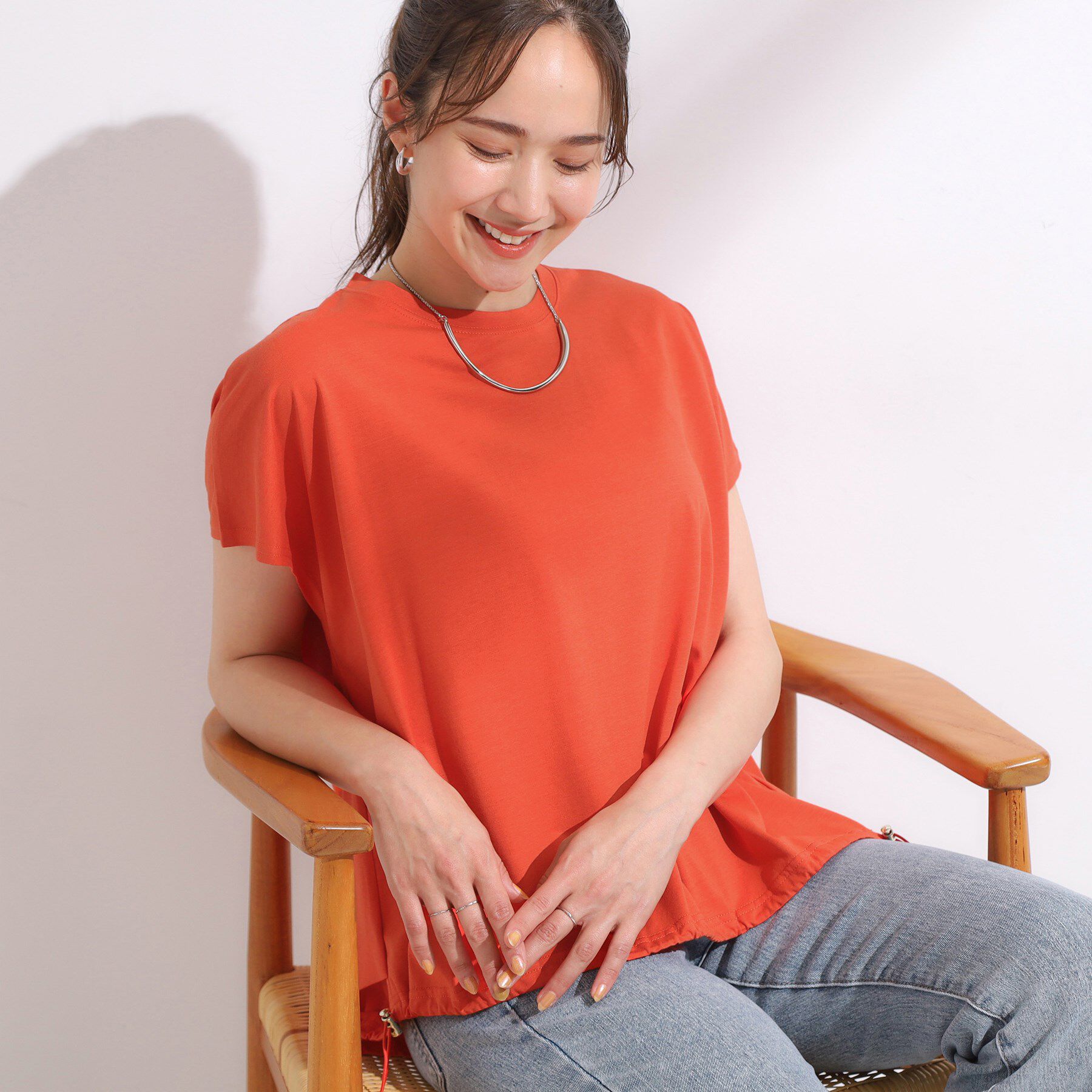 SHOO･LA･RUE「【ひんやり】裾が絞れる フレンチスリーブトップス」|Tシャツ・カットソー|オレンジ(067)
