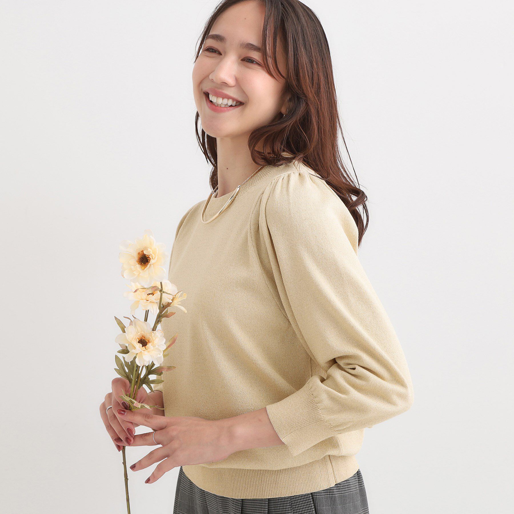 SHOO･LA･RUE「【洗濯機可/S-LL/アンサンブル可】8分袖で手元を華奢に魅せる さらっとタッチニット」|ニット・セーター|ベージュ(052)