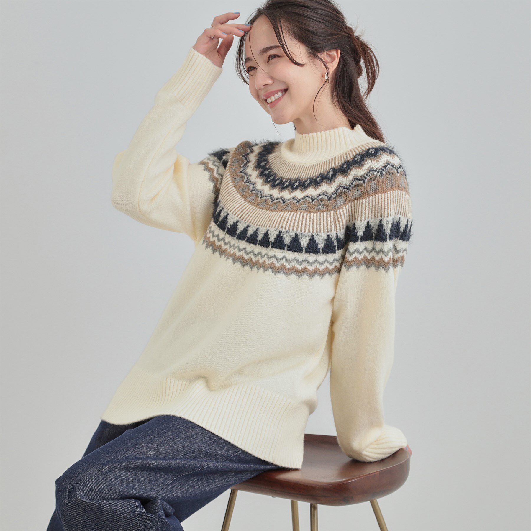 SHOO･LA･RUE「【洗濯機可/S-LL】配色が大人かわいい　フェアアイル柄求心ニット」|ニット・セーター|アイボリー(404)