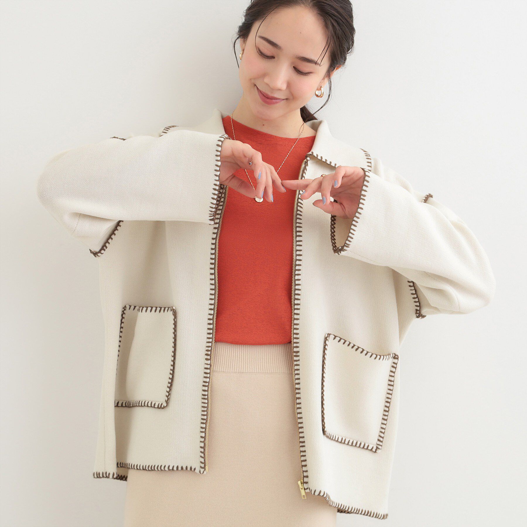 SHOO･LA･RUE「ステッチ衿付きジップニットカーディガン」|カーディガン|オフホワイト(003