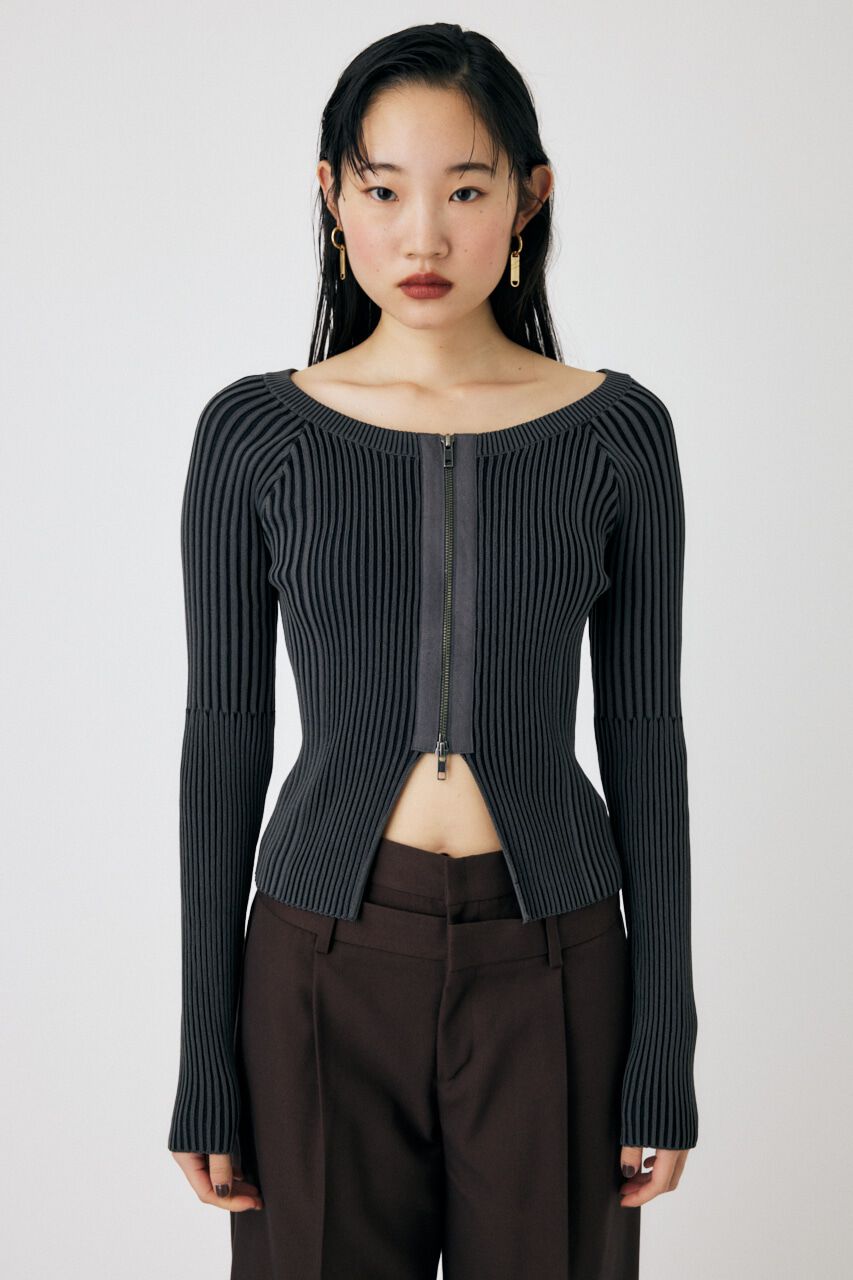 MOUSSY「ZIP UP RIB トップス」|ニット・セーター|BLK