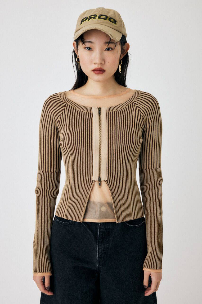 MOUSSY「ZIP UP RIB トップス」|ニット・セーター|BEG