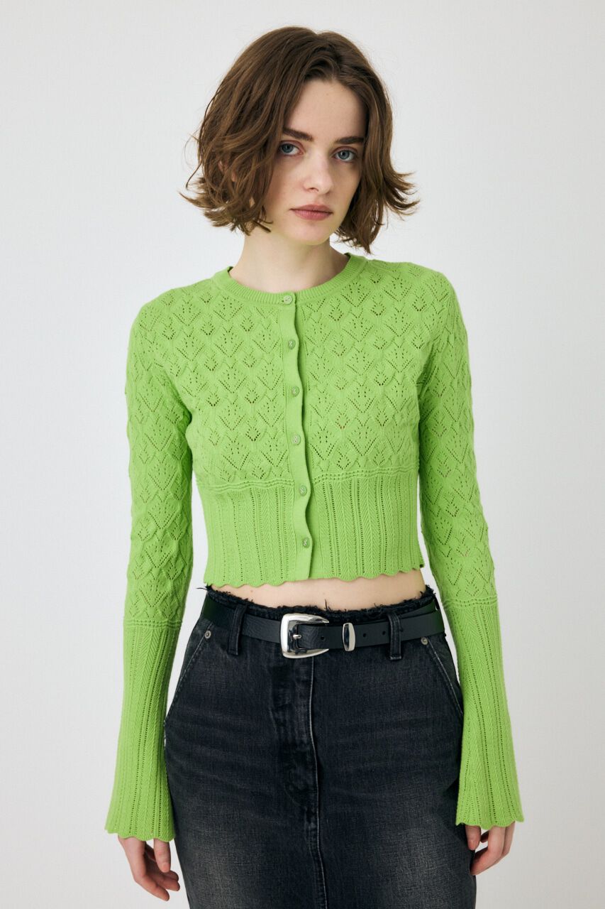 MOUSSY「CROCHET KNIT CROPPED カーディガン」|ニット・セーター|L/GRN1