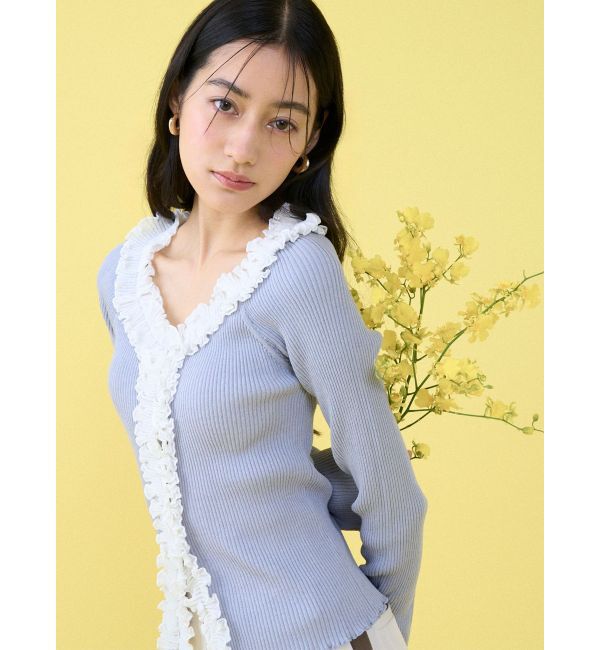 LAGUNAMOON「リブフリルカーデニットプルオーバー」|ニット・セーター|アイスブルー