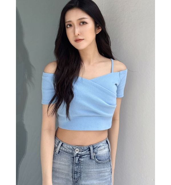 GYDA「ハーフスリーブカシュクールオフショルショートトップス」|Tシャツ・カットソー|