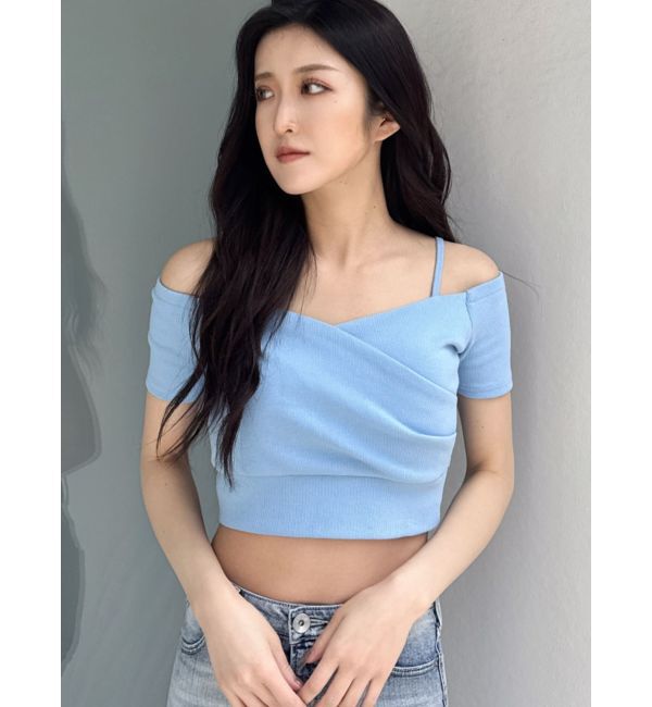 GYDA「ハーフスリーブカシュクールオフショルショートトップス」|Tシャツ・カットソー|スカイブルー