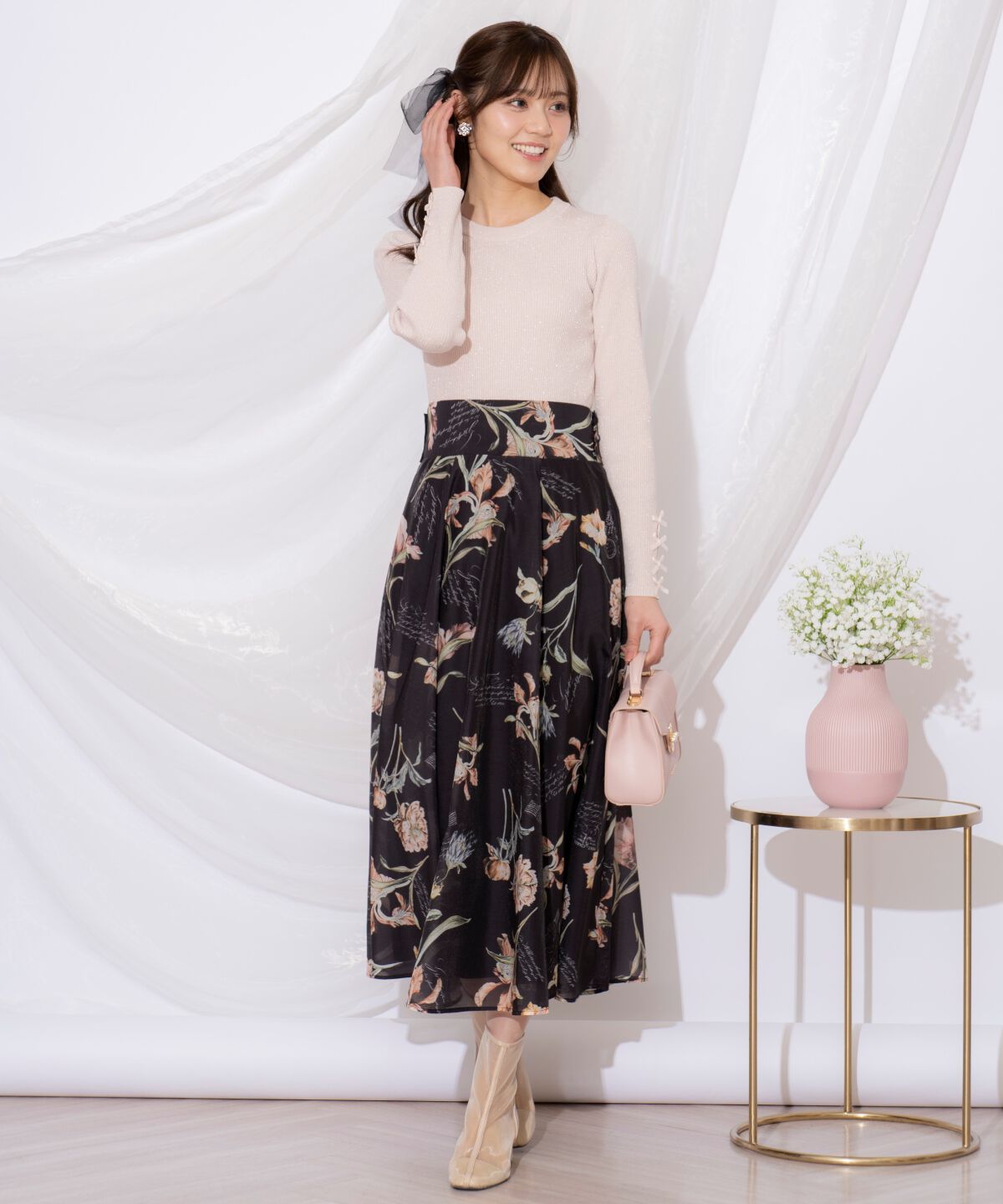 WILLSELECTION「ビッグリボンシアーフラワースカート」|フレア|