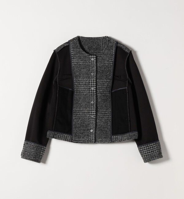quaranciel「quaranciel: ボンディング チェック ノーカラー ショート ジャケット」|ノーカラーコート|