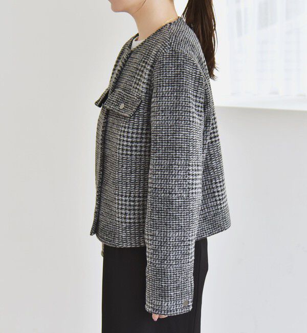 quaranciel「quaranciel: ボンディング チェック ノーカラー ショート ジャケット」|ノーカラーコート|