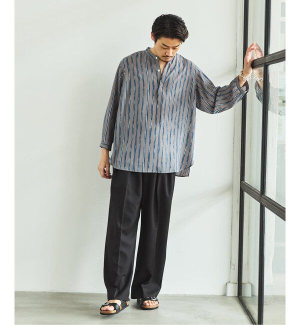 EDIFICE「ストライプ ドレーピー 8分袖 バンドカラープルオーバーシャツ」|シャツ・ブラウス|