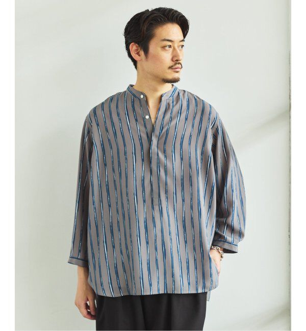 EDIFICE「ストライプ ドレーピー 8分袖 バンドカラープルオーバーシャツ」|シャツ・ブラウス|