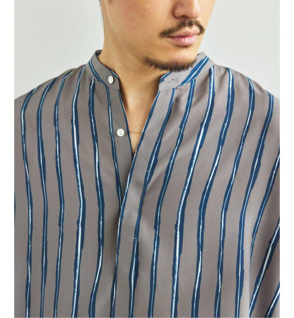 EDIFICE「ストライプ ドレーピー 8分袖 バンドカラープルオーバーシャツ」|シャツ・ブラウス|