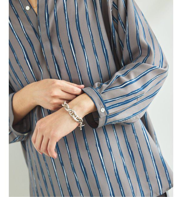 EDIFICE「ストライプ ドレーピー 8分袖 バンドカラープルオーバーシャツ」|シャツ・ブラウス|