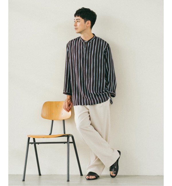 EDIFICE「ストライプ ドレーピー 8分袖 バンドカラープルオーバーシャツ」|シャツ・ブラウス|