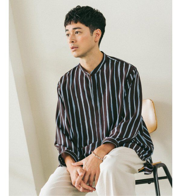 EDIFICE「ストライプ ドレーピー 8分袖 バンドカラープルオーバーシャツ」|シャツ・ブラウス|