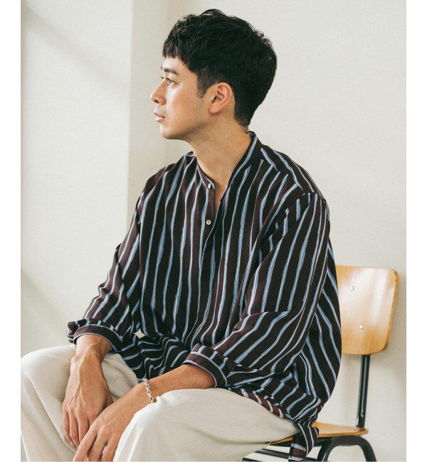 EDIFICE「ストライプ ドレーピー 8分袖 バンドカラープルオーバーシャツ」|シャツ・ブラウス|