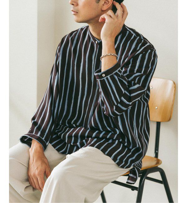EDIFICE「ストライプ ドレーピー 8分袖 バンドカラープルオーバーシャツ」|シャツ・ブラウス|