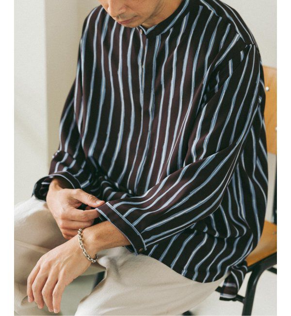 EDIFICE「ストライプ ドレーピー 8分袖 バンドカラープルオーバーシャツ」|シャツ・ブラウス|