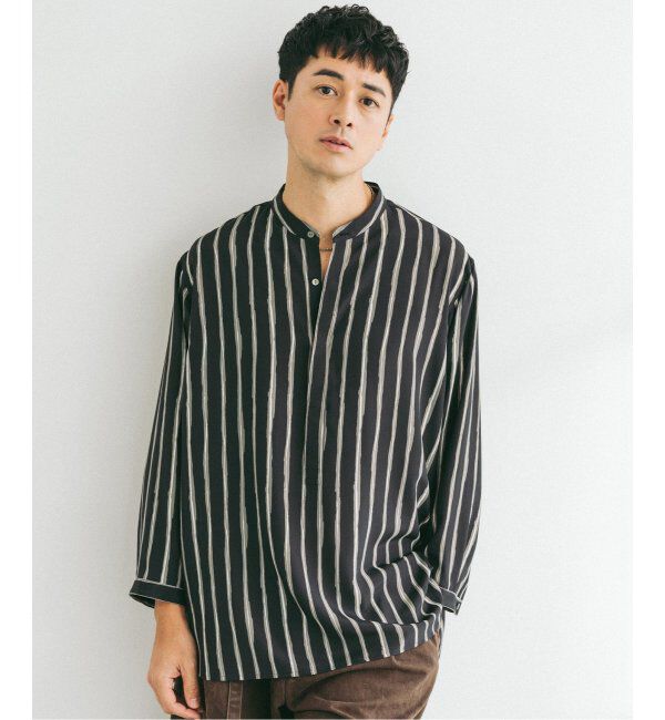 EDIFICE「ストライプ ドレーピー 8分袖 バンドカラープルオーバーシャツ」|シャツ・ブラウス|