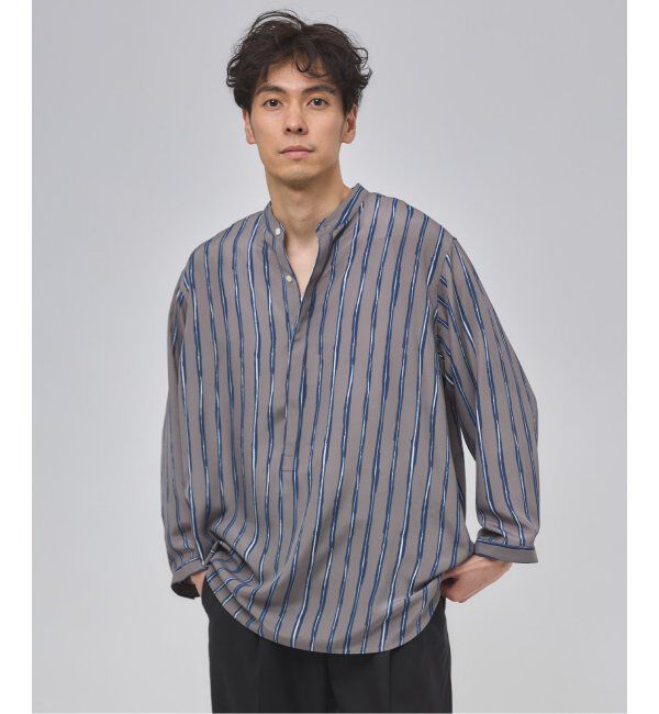 EDIFICE「ストライプ ドレーピー 8分袖 バンドカラープルオーバーシャツ」|シャツ・ブラウス|