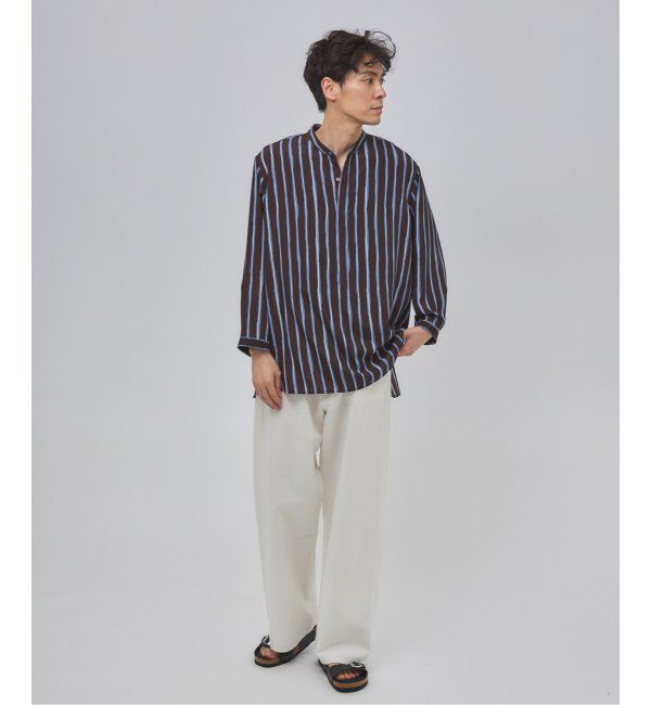 EDIFICE「ストライプ ドレーピー 8分袖 バンドカラープルオーバーシャツ」|シャツ・ブラウス|