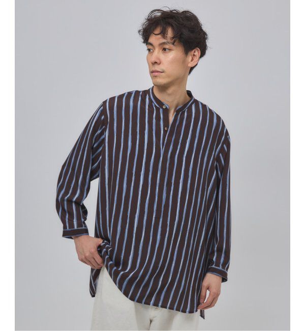 EDIFICE「ストライプ ドレーピー 8分袖 バンドカラープルオーバーシャツ」|シャツ・ブラウス|