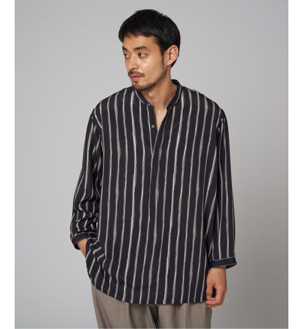 EDIFICE「ストライプ ドレーピー 8分袖 バンドカラープルオーバーシャツ」|シャツ・ブラウス|