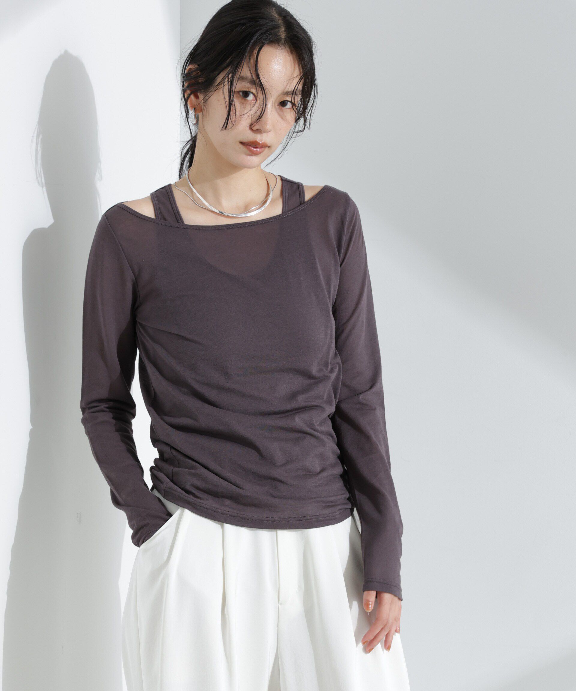 nano･universe「シアータンクトップ＋ロンTレイヤードセット」|Tシャツ・カットソー|チャコール3