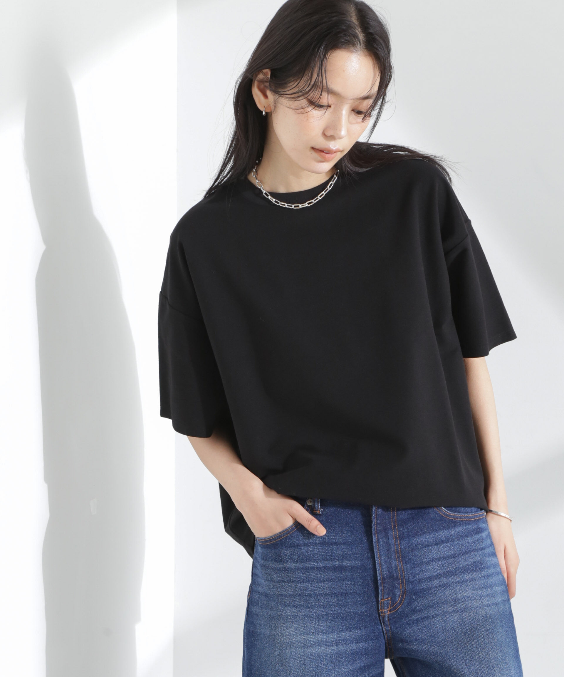 nano･universe「「MC」coveross(R)ツイル調 冷感プレーティング天竺Tシャツ」|Tシャツ・カットソー|ブラック