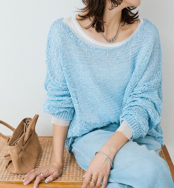  「予約【抜け感】テープヤーンボートネックニット」|ニット・セーター|サックスブルー