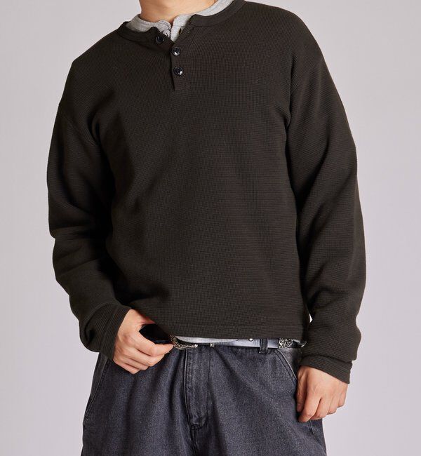  「【Sourcream】Heavy waffle henley tops」|Tシャツ・カットソー|ブラック