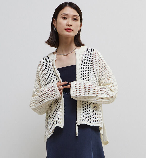 Soffitto「ジップ付きメッシュ編みニットカーディガン」|カーディガン|オフホワイト