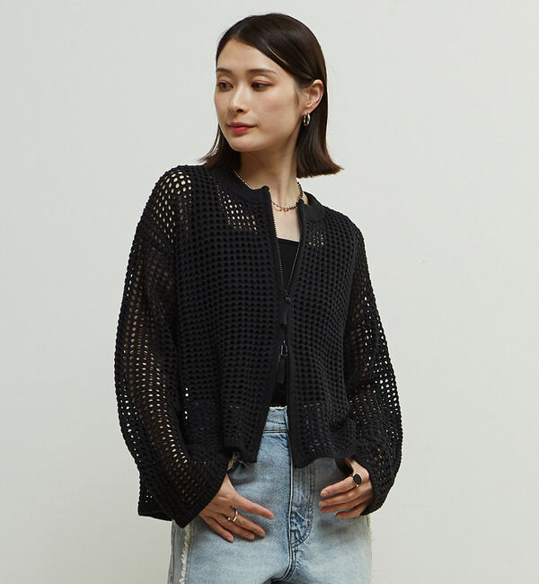 Soffitto「ジップ付きメッシュ編みニットカーディガン」|カーディガン|ブラック