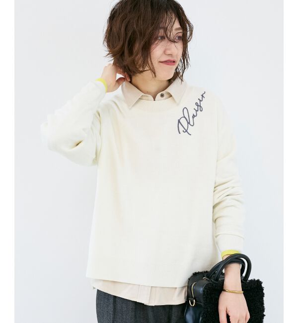  「《手洗い可能》ネック刺繍クルーネックニット」|ニット・セーター|ホワイト