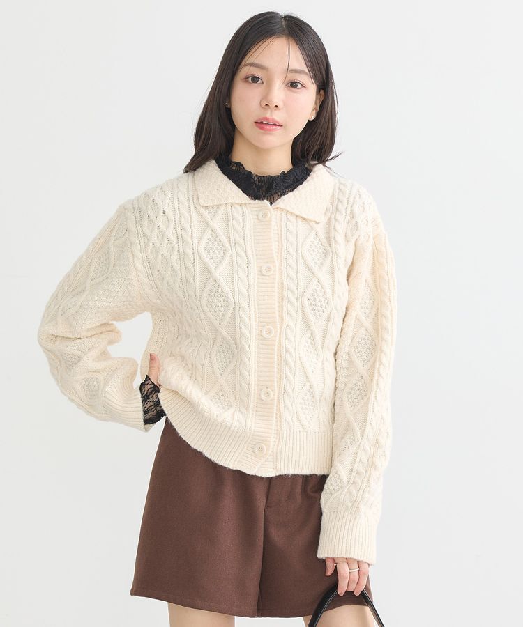 earth music&ecology「衿付きケーブルニットカーディガン」|カーディガン|