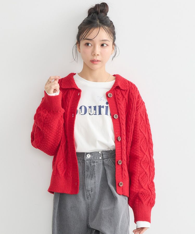 earth music&ecology「衿付きケーブルニットカーディガン」|カーディガン|Red