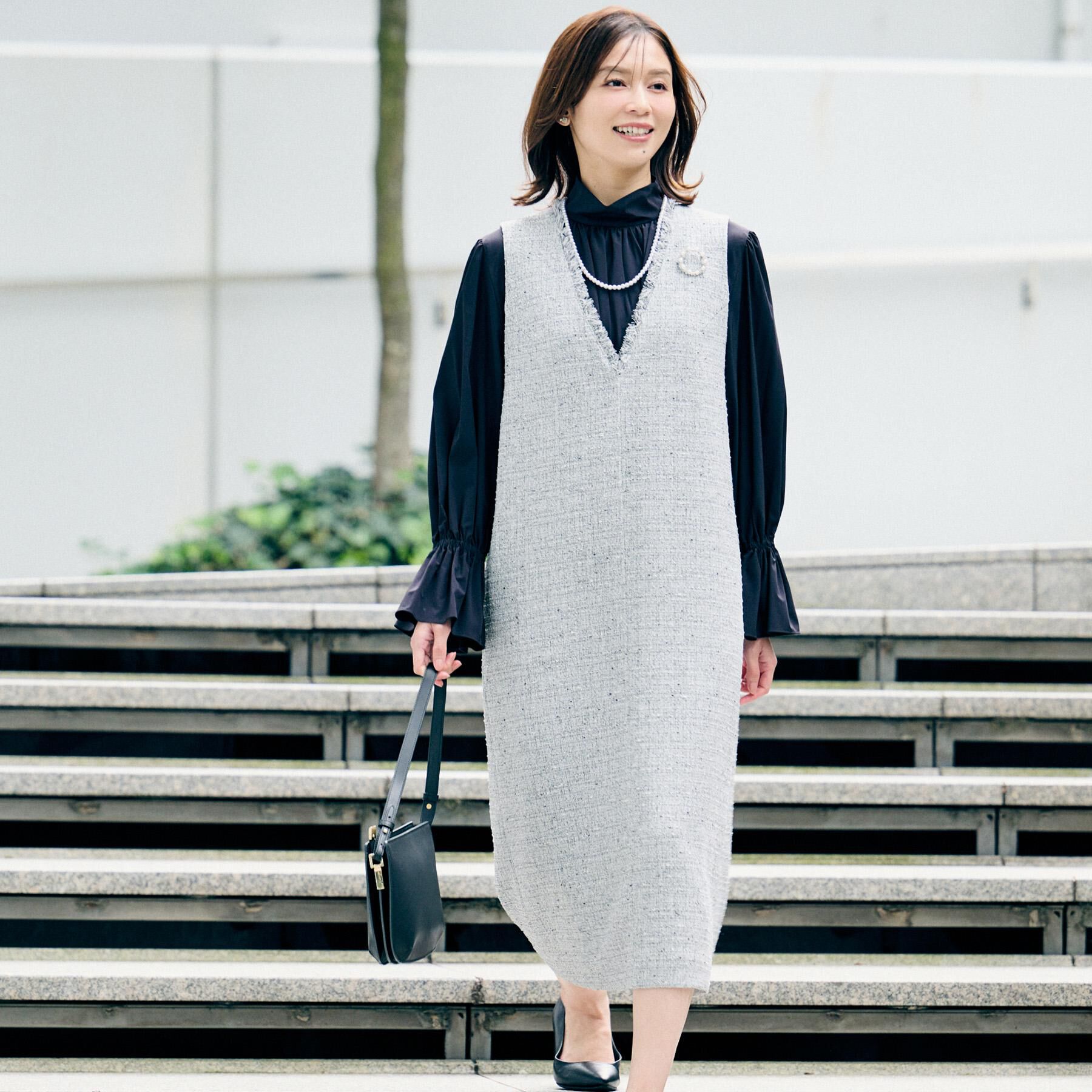 UNTITLED「【洗えるワンピース/カジュアル/ドレッシー】ツイード ジャンパースカート」|ワンピース|ライトグレー(411