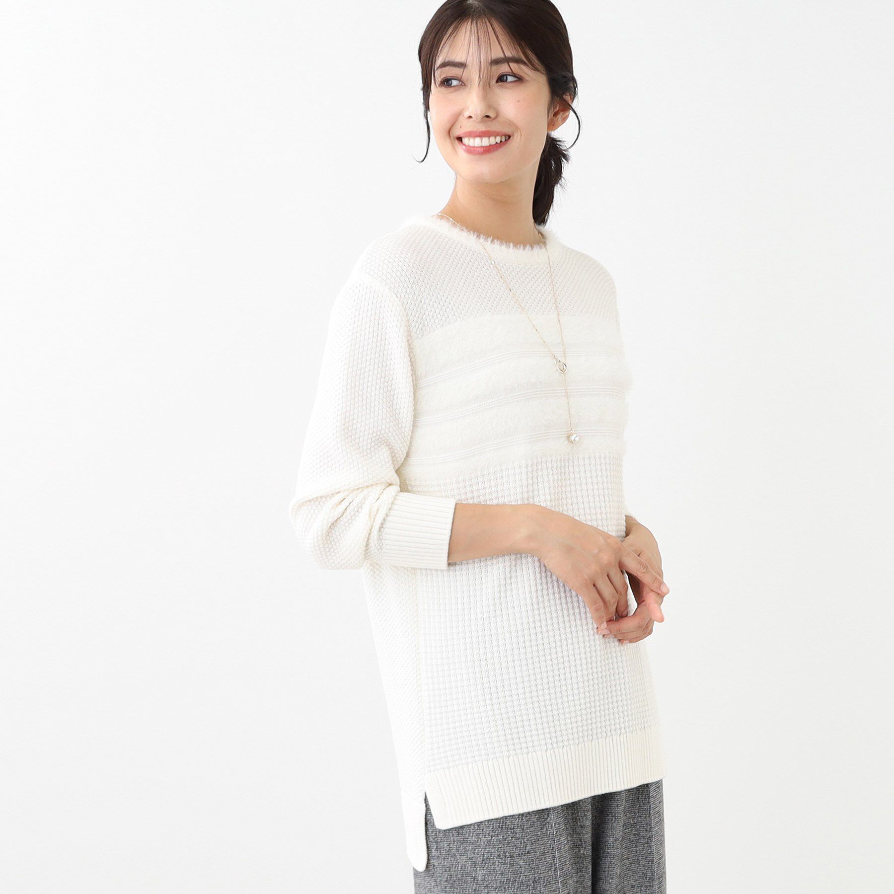 Reflect「【洗える】フェザーボーダーニット」|ニット・セーター|オフホワイト(003