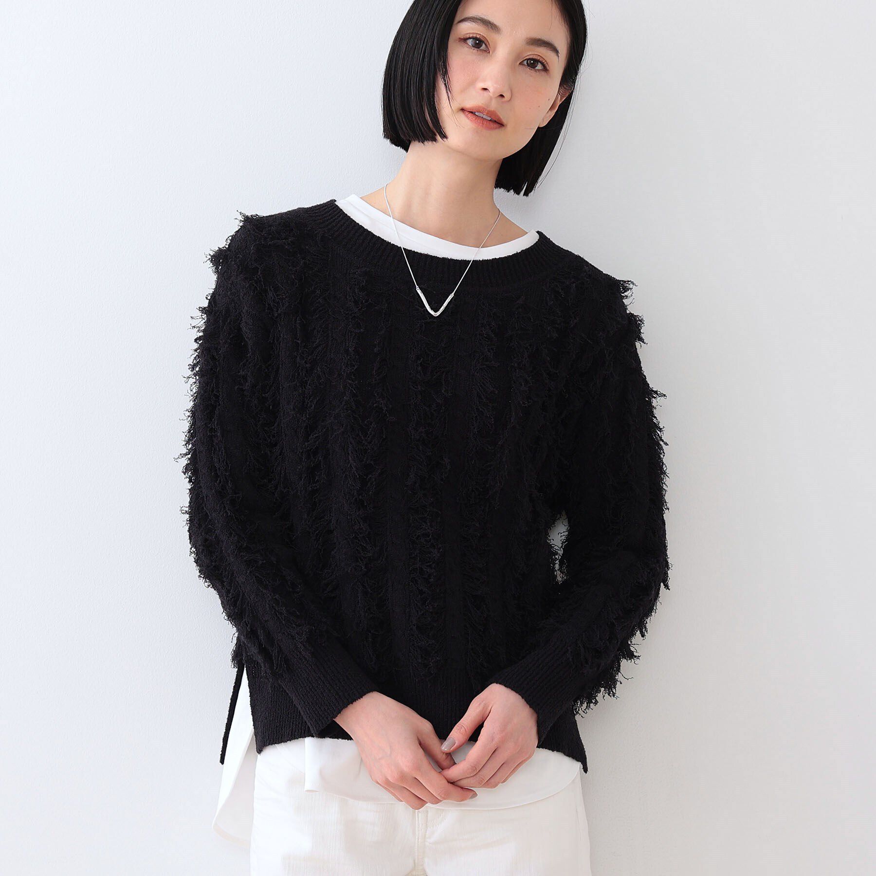 INDIVI「【洗える】フリンジ ジャカードニット」|ニット・セーター|ブラック(019)