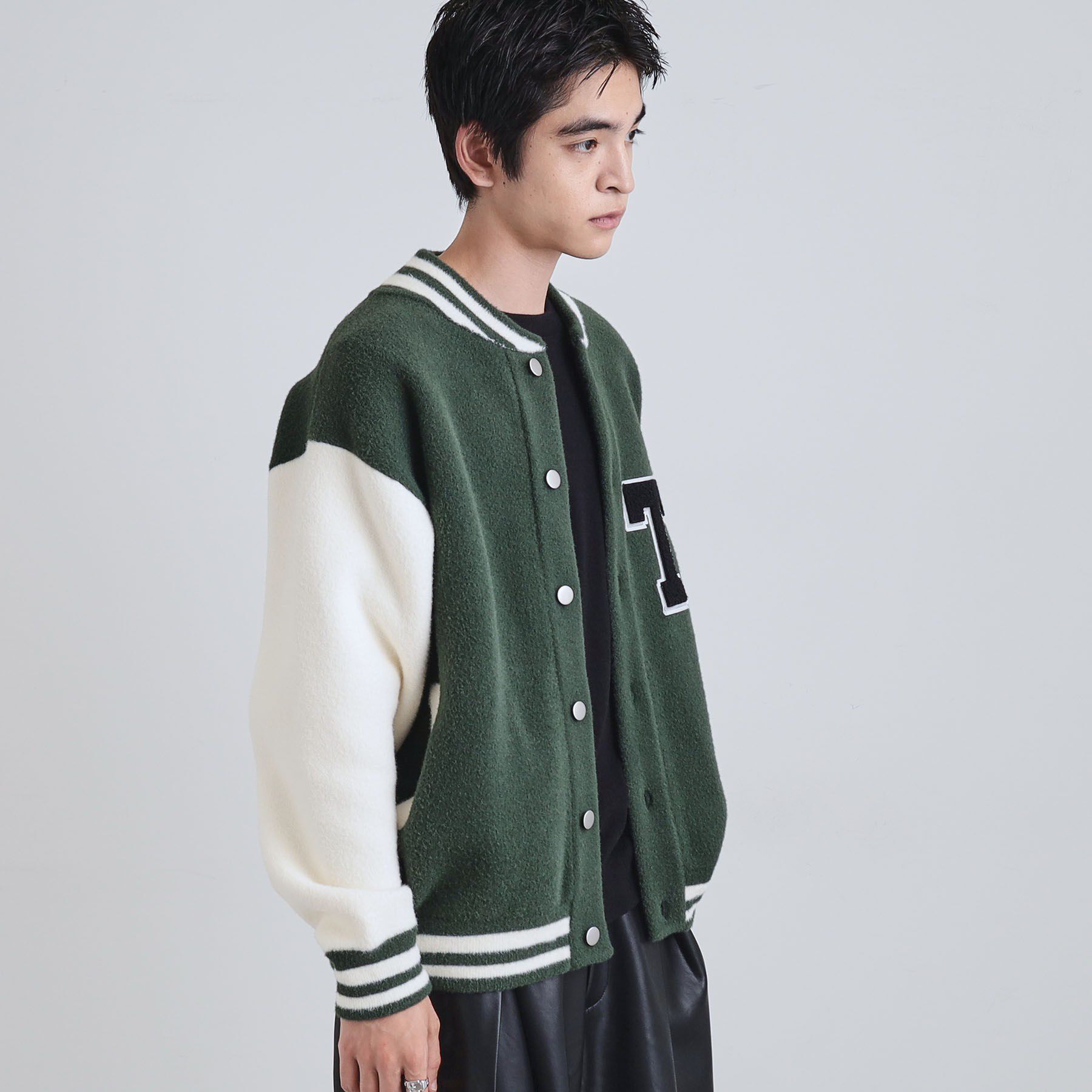 tk.TAKEO KIKUCHI「ダブルジャカードニットスタジャン」|ブルゾン・スタジャン|グリーン(523)