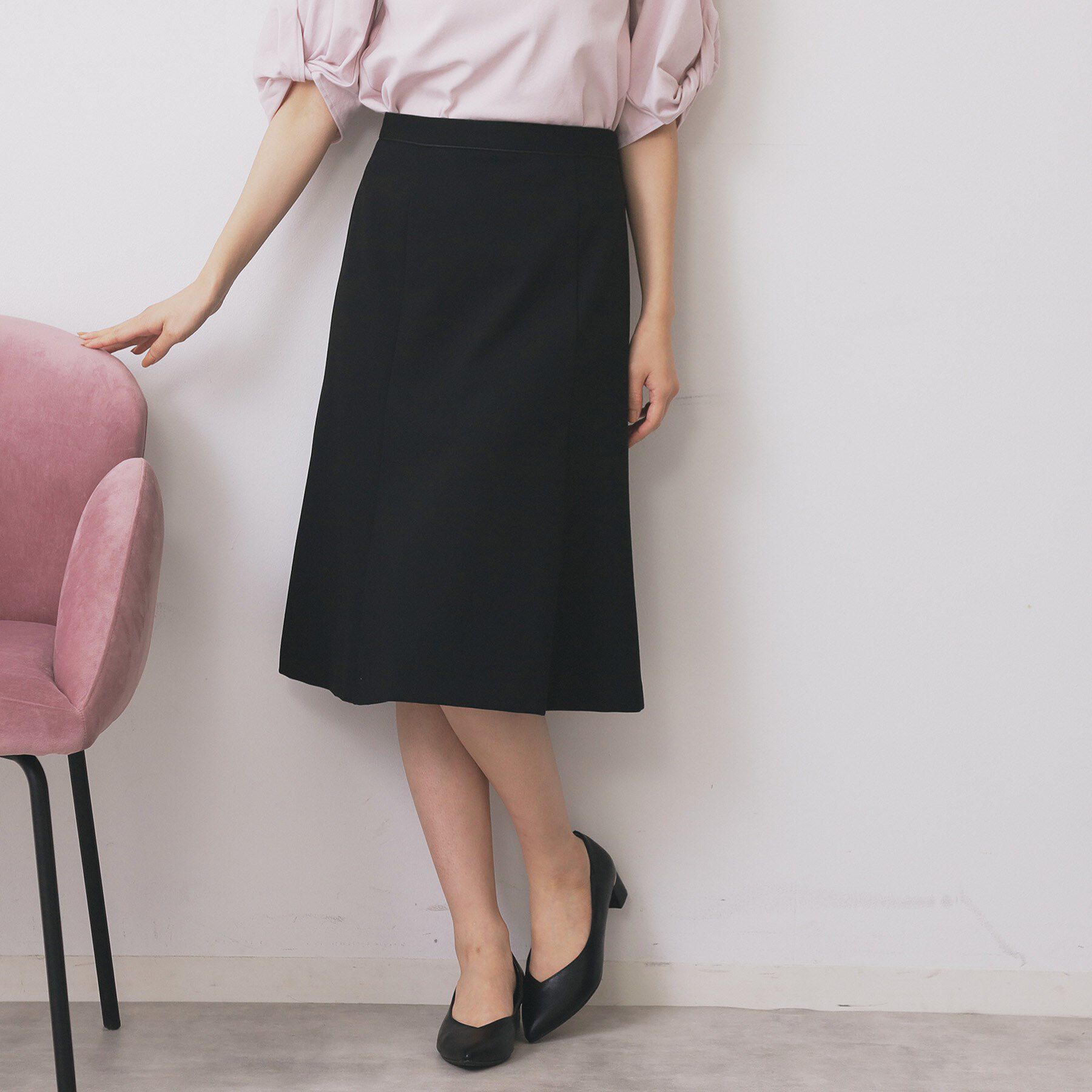 index「《S-3Lサイズ》ストレッチセミフレアスカート/セットアップ対応【洗える/イージーアイロン】」|スカート|ブラック(019)