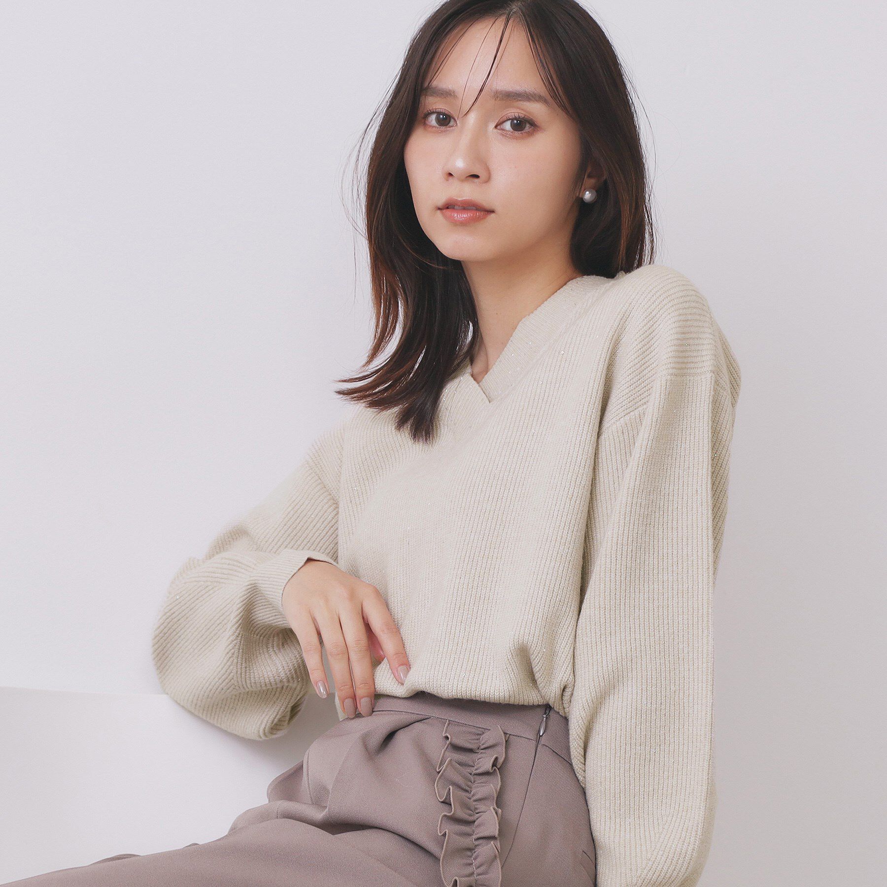 index「片畦Vネックボクシーパフニット【洗濯機OK】」|ニット・セーター|グレージュ(850)