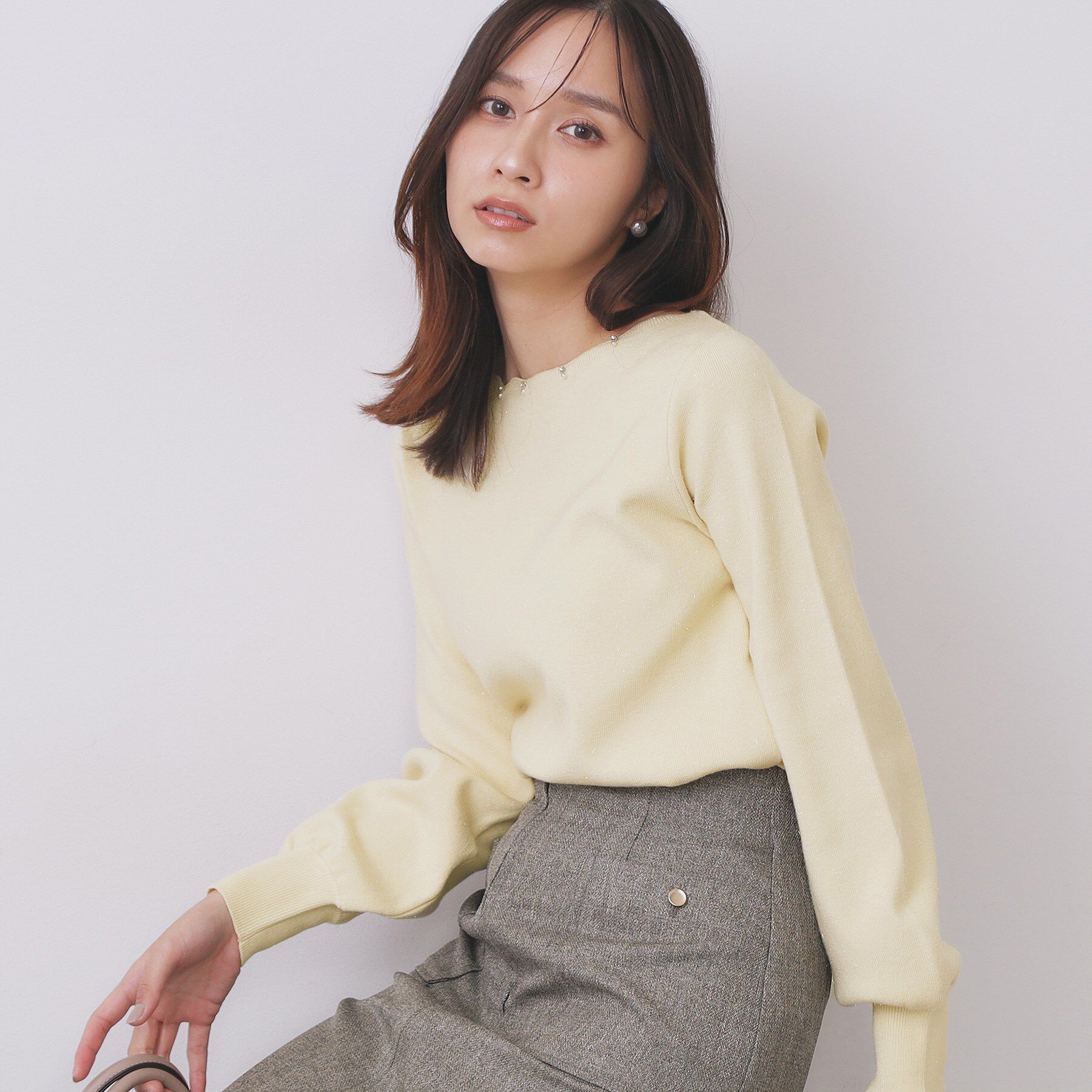 index「ラメスカラップビジューデザインニット【洗濯機OK】《6col/S～LL》」|ニット・セーター|イエロー(031)