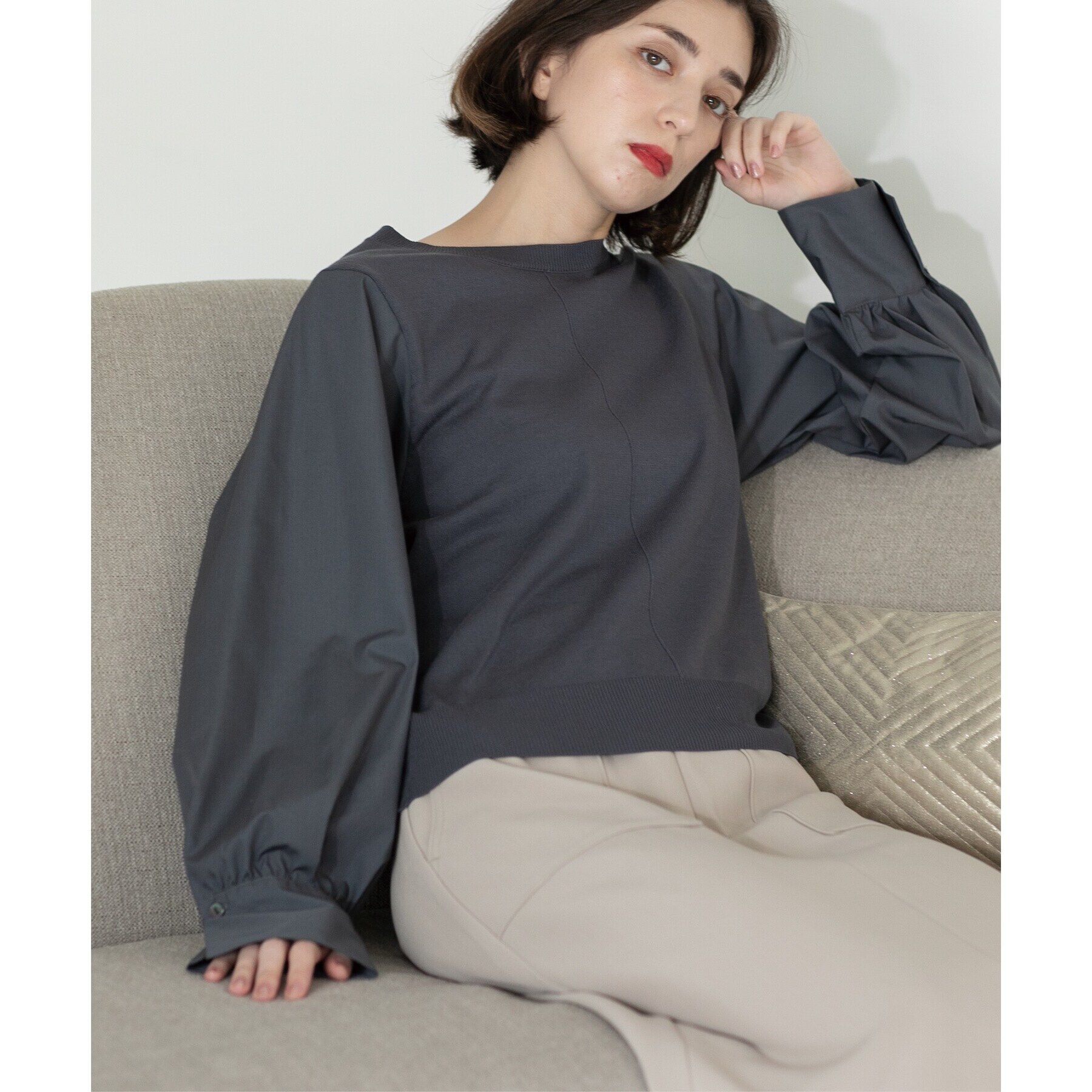 OPAQUE.CLIP「異素材切り替えニット【洗濯機洗い可】」|ニット・セーター|チャコールグレー(0