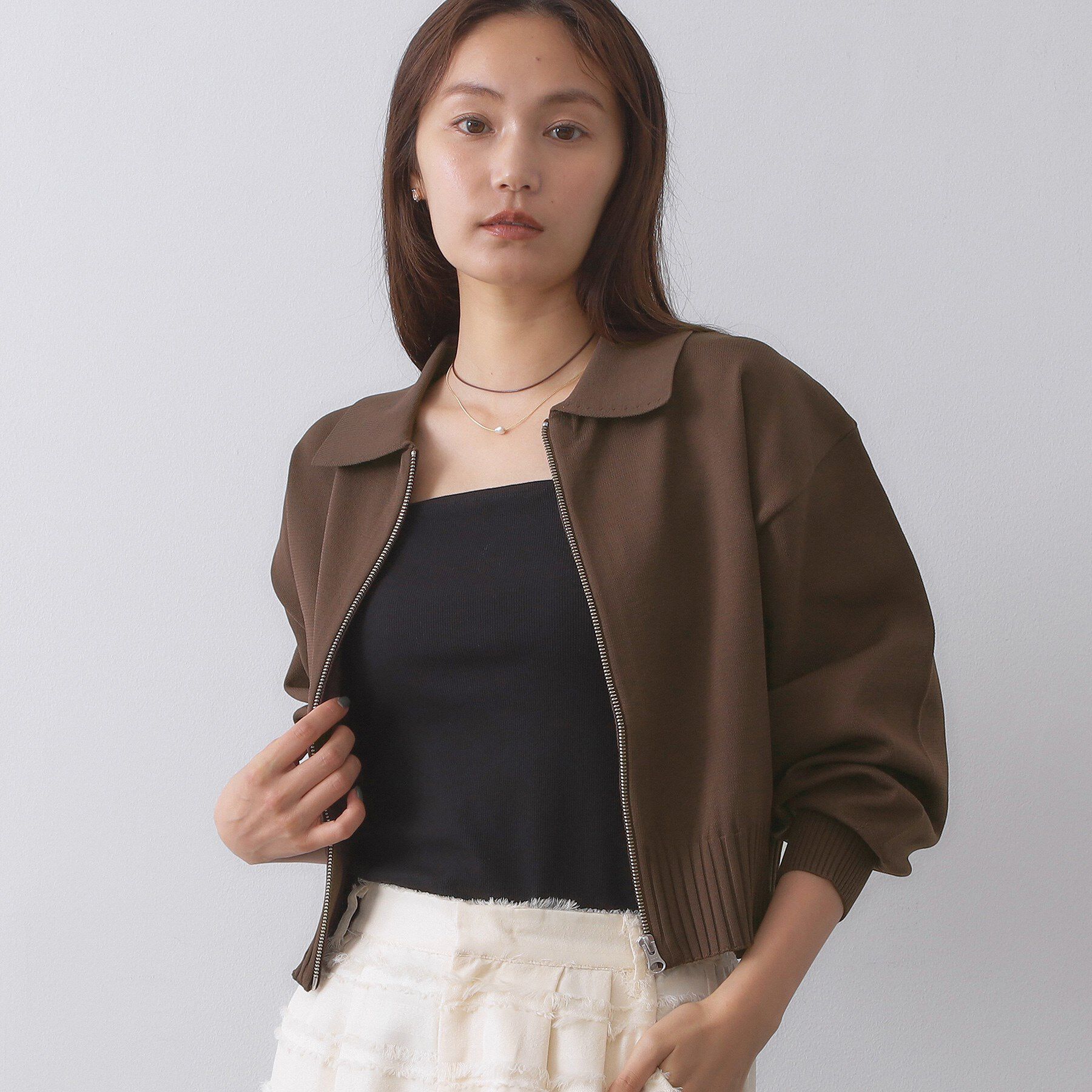 OPAQUE.CLIP「襟付きZIPアップニットカーディガン【洗濯機洗い可/抗ピル】」|カーディガン|ブラウン(044)