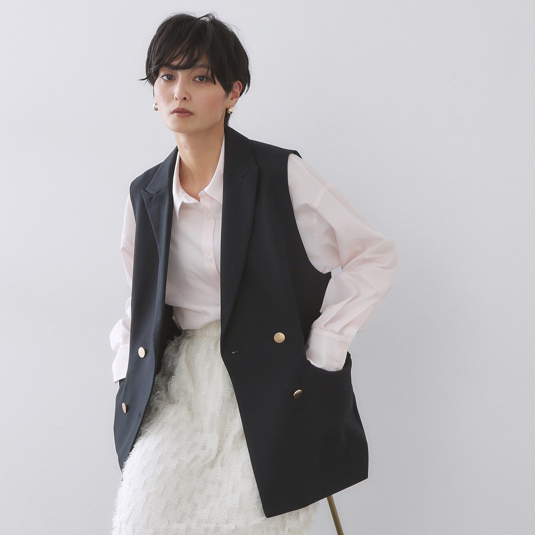 OPAQUE.CLIP「金ボタンダブルブレストテーラードジレ/セットアップ対応【洗える】《S～LL》」|ベスト・ジレ|ネイビー(094)