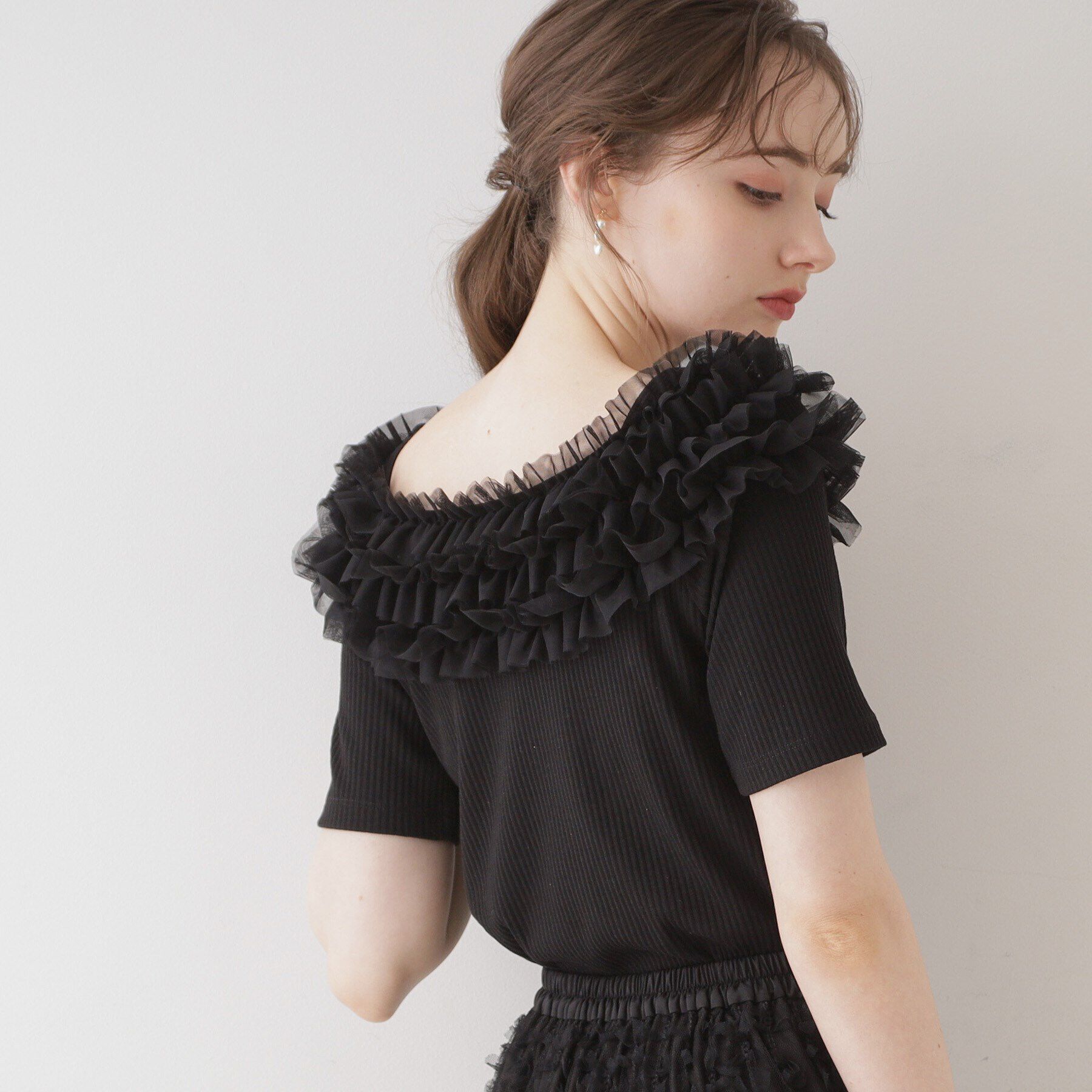 Couture broach「【アンチピリング・マシンウォッシャブル・オトナ可愛い】チュールフリルテレコトップス」|Tシャツ・カットソー|