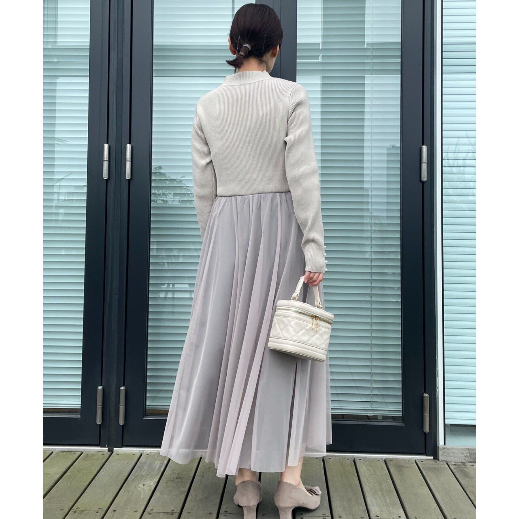 Couture broach「【ふわっと軽い上品なワンピ】ラメニットチュールドッキングワンピース」|ワンピース|